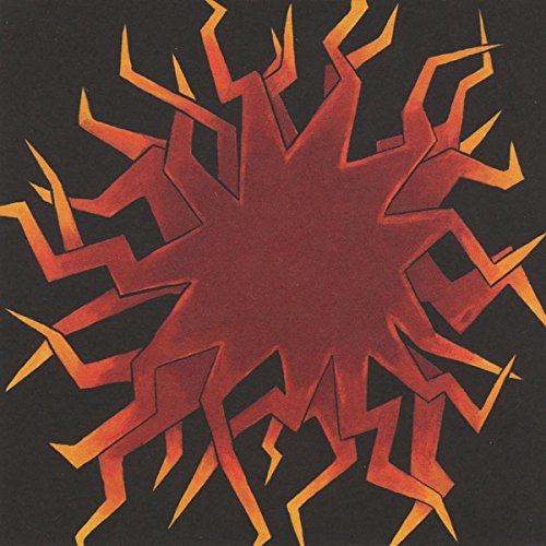 Red and orange abstract burst design on a black background.