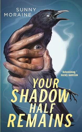 Book cover: hands holding a face, with a raven and pale background.
