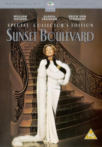 DVD cover for "Sunset Boulevard" featuring Gloria Swanson in a white fur coat.