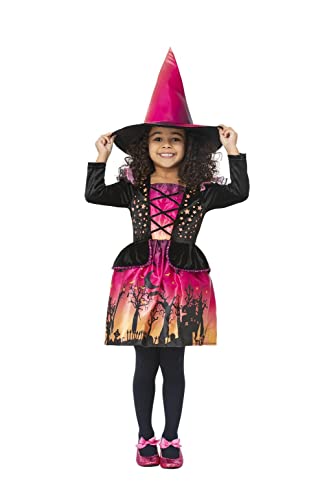 Child wearing a pink and black witch costume with a pointed hat.