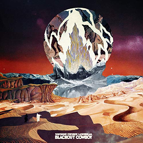 Vinyl album cover featuring a surreal desert landscape with a large, flaming moon.