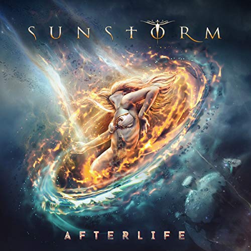 A figure with flowing hair surrounded by a ring of fire in space.