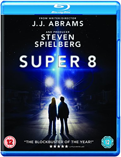 Blu-ray cover art for Super 8 showing two silhouettes standing on a dark road.