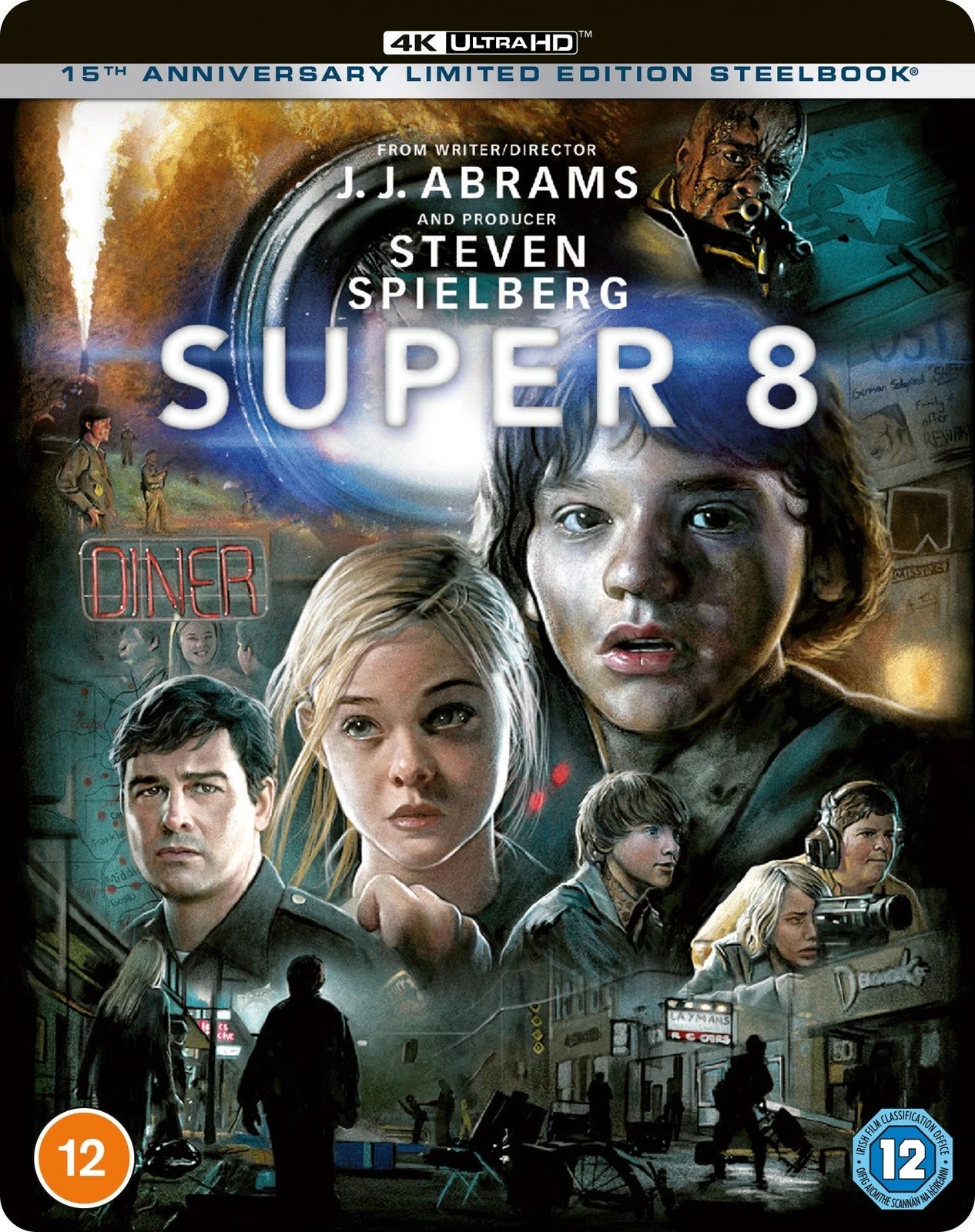 Super 8 4K Ultra HD SteelBook cover art featuring a montage of film characters.