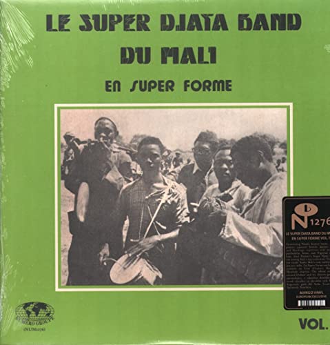 Vinyl cover with green background and a black and white photo of a band.