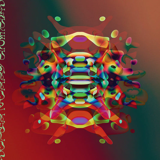 Symmetrical, colorful abstract shapes float against a dark red and green gradient background.