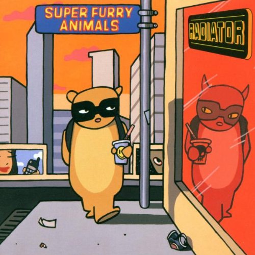Cartoon bears with masks walk a city street, album cover art.