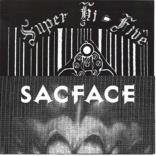 Black and white record sleeve for Super Hi-five/sacface split 7" vinyl.