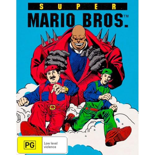 Comic-style illustration of Mario and Luigi running from a large, spiky-shouldered villain.