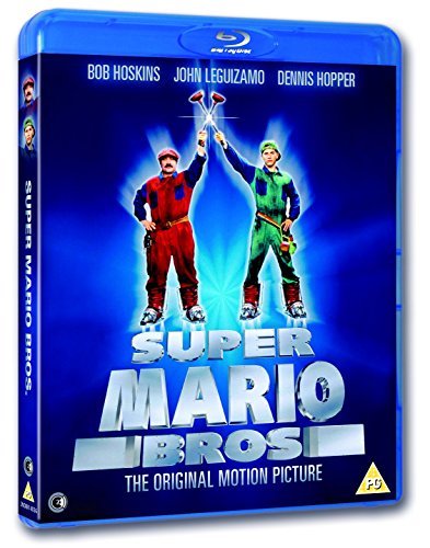 Blu-ray cover for Super Mario Bros featuring two men in plumber costumes holding plungers.