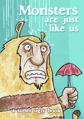 Illustration of a furry monster holding a red umbrella in the rain.