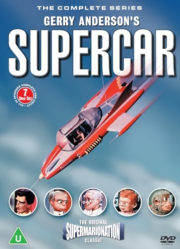 DVD cover for Gerry Anderson's Supercar featuring the red vehicle and five puppet characters.