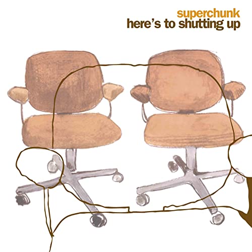 Two office chairs drawn in brown ink on a white background with album text.