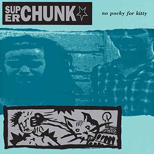 Superchunk album cover: blue textured background, cat and figure illustration.