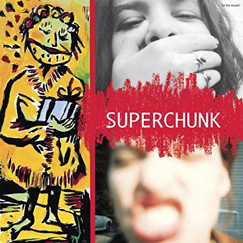 Album cover for Superchunk’s “On the Mouth” with abstract art and portrait.