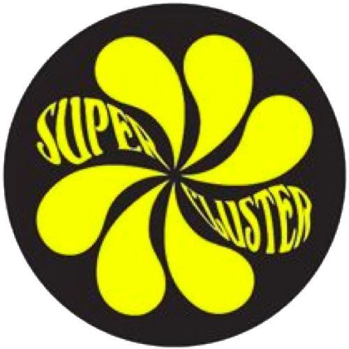 Black vinyl record label with yellow floral burst and "SUPERCLUSTER" text.