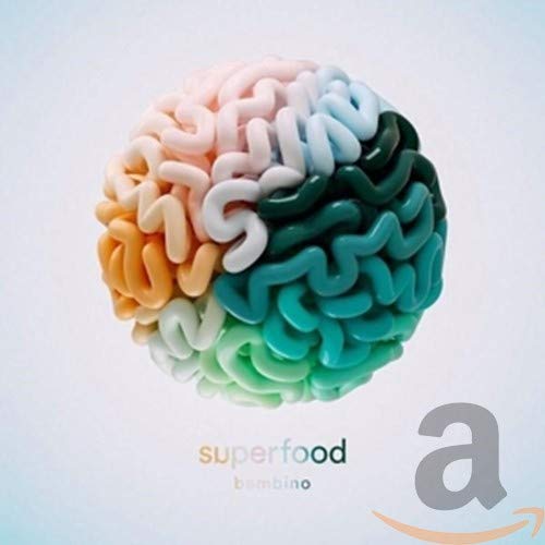 CD cover featuring a colorful, abstract brain-like sphere with "superfood bambino" text below.