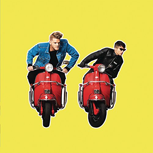 Two men on red scooters against a bright yellow background.