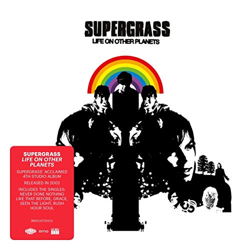 "Album cover with black silhouettes and rainbow, titled 'Supergrass - Life On Other Planets'."