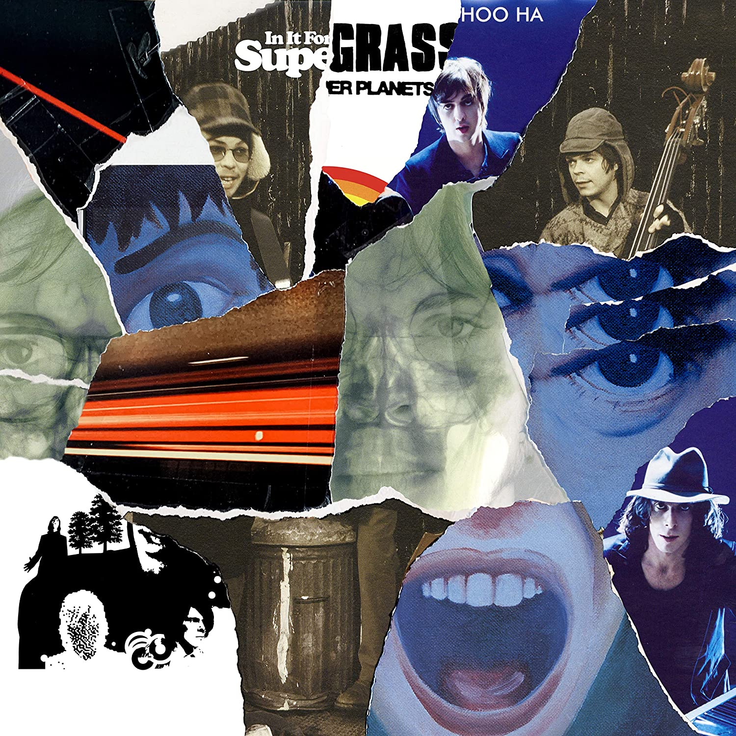 "Supergrass album cover with collage of torn images and faces, white background."