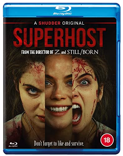 "Blu-ray case for 'Superhost' with a woman's face, split into three, showing different emotions."