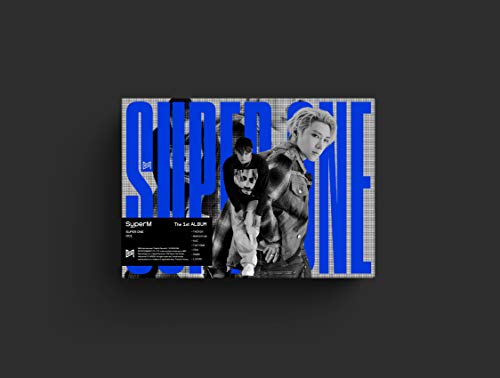 SuperM Super One album cover featuring two band members against a blue text background.