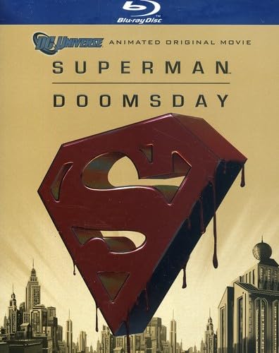 Superman Doomsday Blu-ray cover with cracked Superman logo and city skyline.