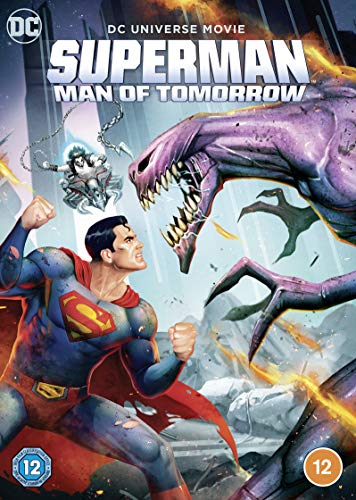 Superman battles a large purple monster in animated DVD cover art.