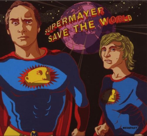 "Album cover featuring two cartoon men in superhero costumes with a planet in the background."