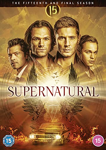 DVD cover for Supernatural Season 15 featuring four men and a classic car.