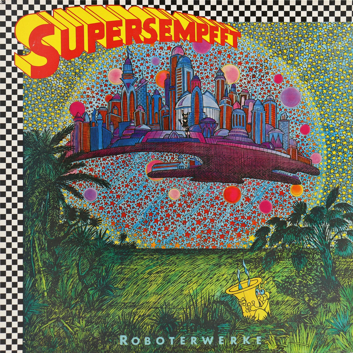 Vinyl album cover: colorful cityscape with robots, palm trees, and text.