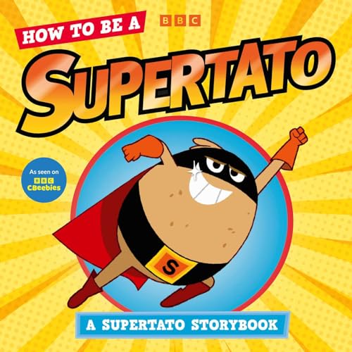 Cartoon potato superhero with cape and mask, against a yellow background.
