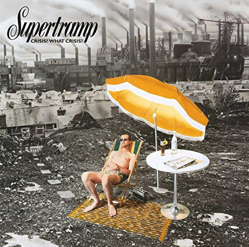 Man relaxing in a deckchair under a yellow umbrella before a rainy industrial landscape.