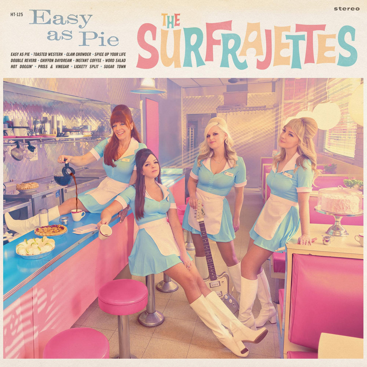 Record album cover featuring four women in turquoise dresses at a diner.