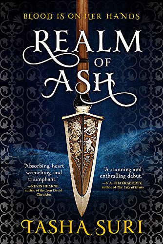 Book cover: “Realm of Ash” with ornate dagger and dark floral design.