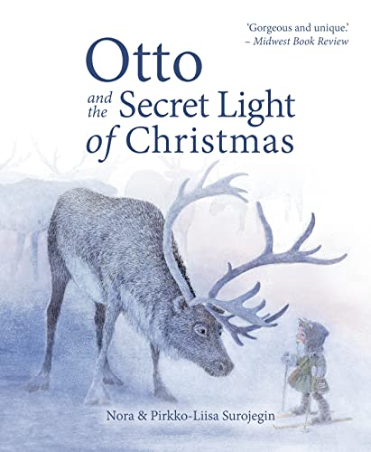 Book cover: reindeer and small child in a snowy landscape.