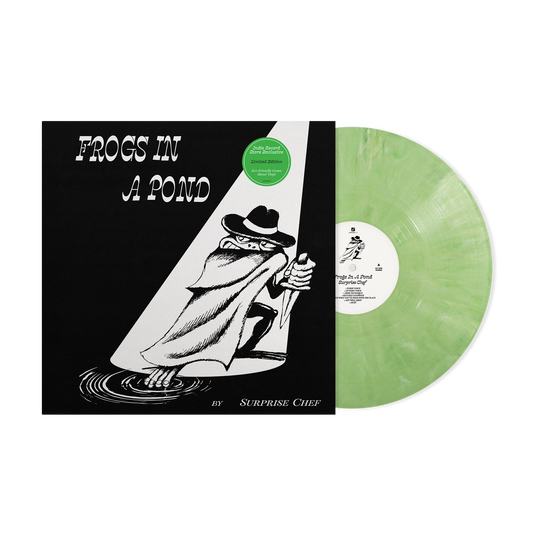 Vinyl record with green swirl pattern and album cover featuring a chef illustration.