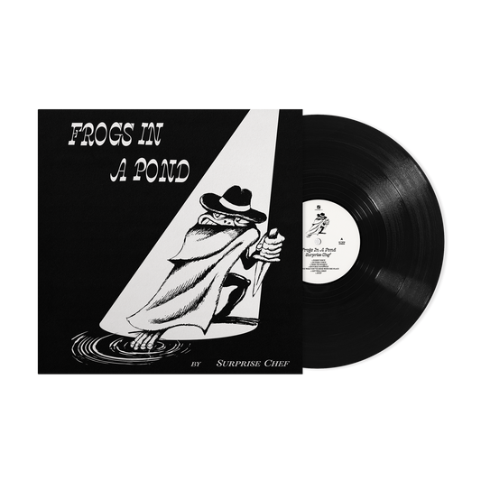 Vinyl record with black and white cover art of a chef and frogs.