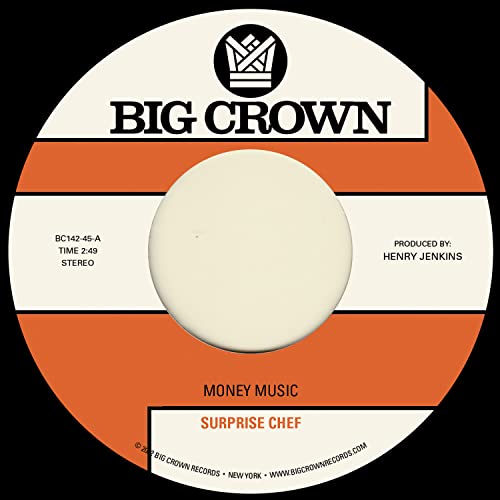 Record label with "Big Crown" logo and "Money Music" text centered on orange.