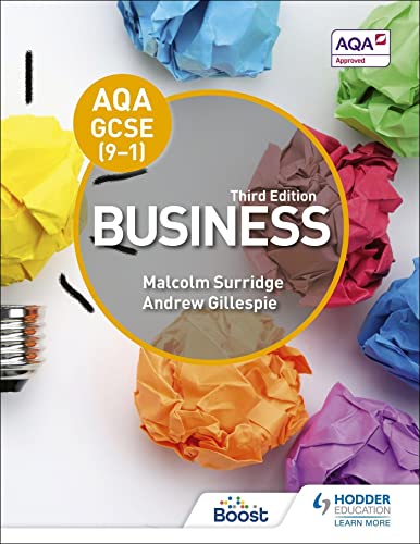 Textbook cover for AQA GCSE Business, third edition, with crumpled paper.