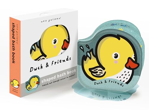 Yellow duck-shaped bath book with text “Duck and Friends” displayed.