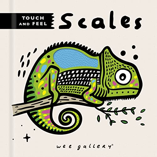 Book cover titled Scales featuring a colorful, stylized green chameleon on a branch.