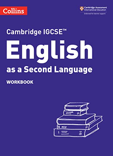 Cambridge IGCSE English as a Second Language workbook cover with stacked books.