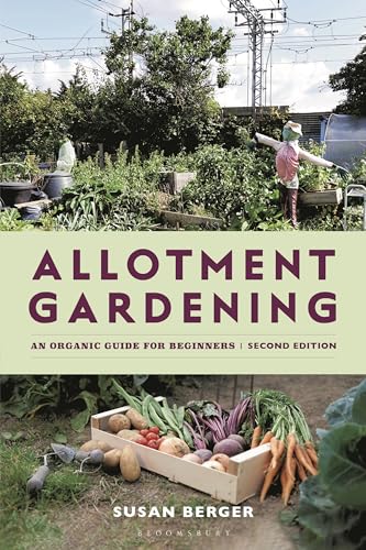 Book cover: "Allotment Gardening," featuring garden produce and a scarecrow.