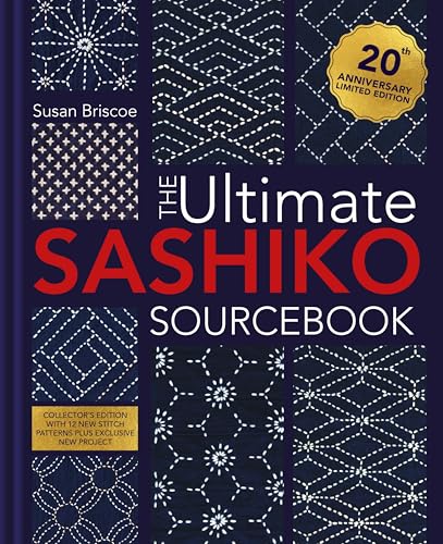Book cover featuring white Sashiko embroidery patterns on dark blue fabric with gold accents.