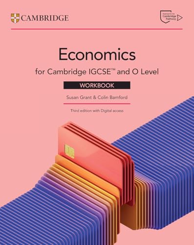 Textbook cover for Cambridge IGCSE and O Level Economics Workbook with abstract card design.