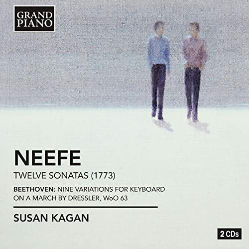 Two men stand on gray floor with text about a piano music album.