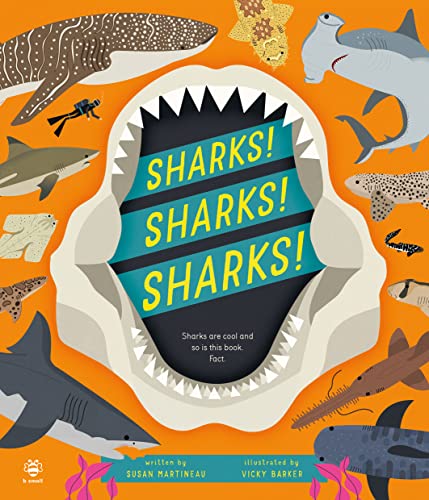 Book cover with illustrated sharks inside a large shark’s mouth.