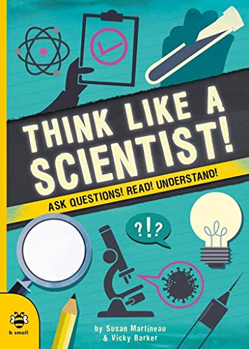 Book cover with science imagery: test tube, microscope, lightbulb, and question marks.