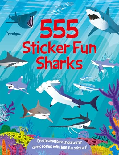 Book cover titled 555 Sticker Fun Sharks featuring various illustrated sharks in an underwater scene.